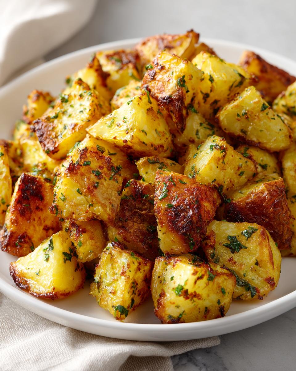Close-up of golden brown, crispy oven roasted potatoes seasoned with herbs on a white plate.