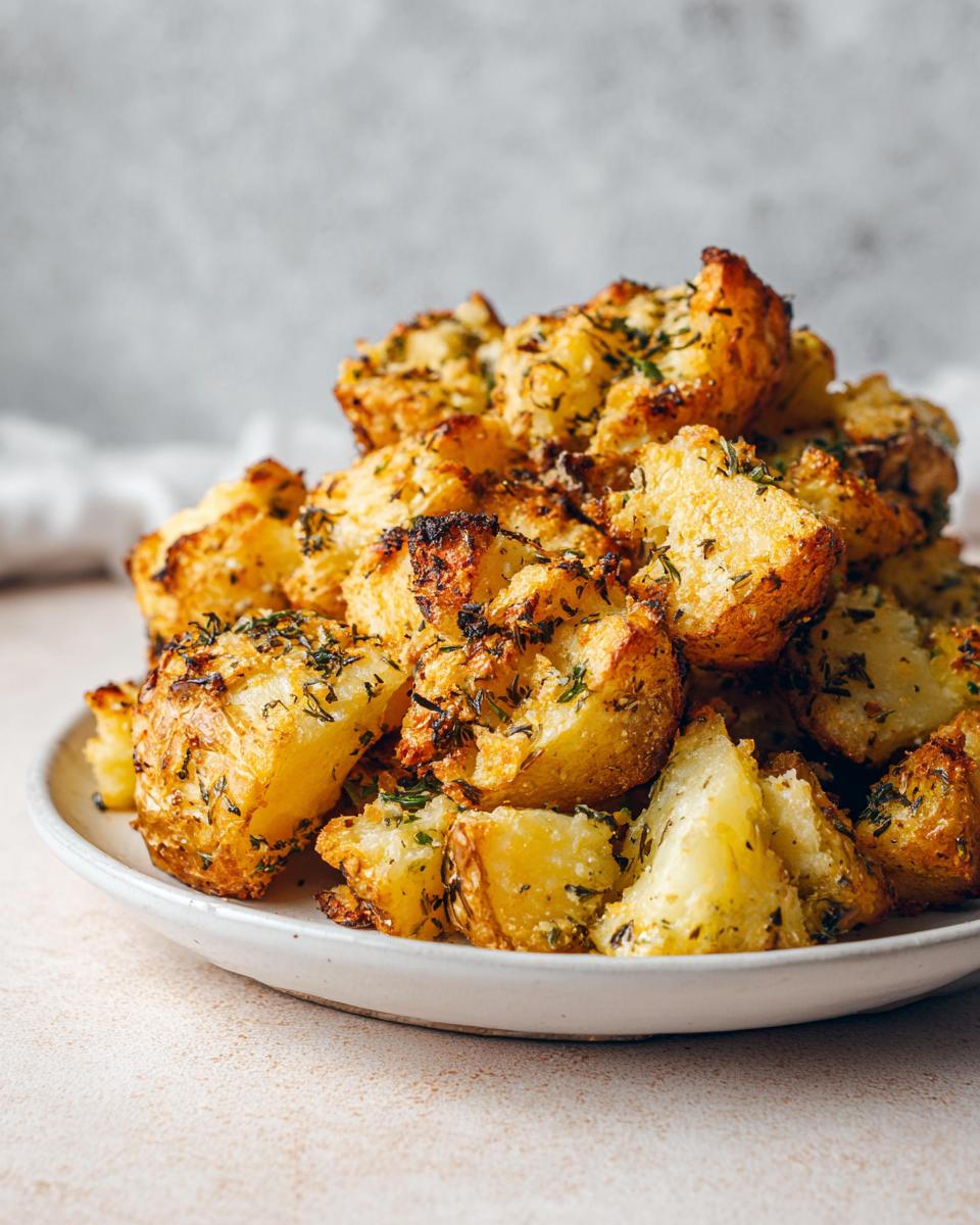 A mound of golden brown, crispy oven roasted potatoes seasoned with herbs on a white plate.