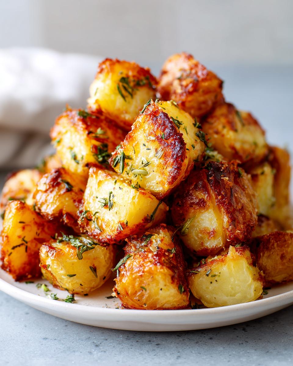 A close-up stack of golden brown, crispy oven roasted potatoes sprinkled with fresh herbs.
