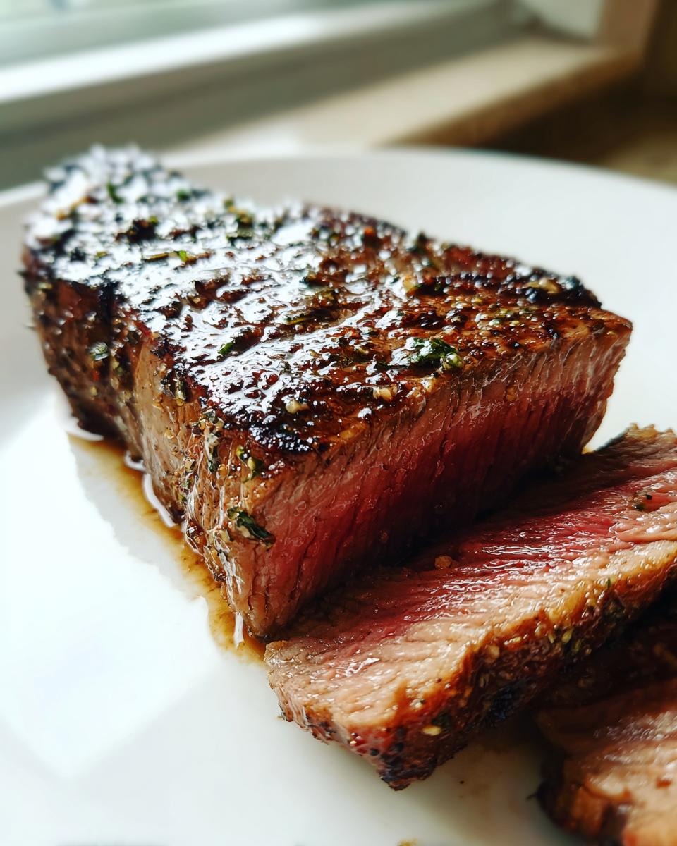 Close-up of a thick, perfectly seared ribeye steak, sliced to show a juicy medium-rare center.