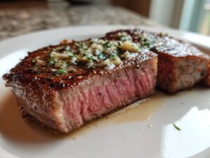 Close-up of a thick, medium-rare ribeye steak, sliced to show the pink interior and topped with garlic butter and herbs.