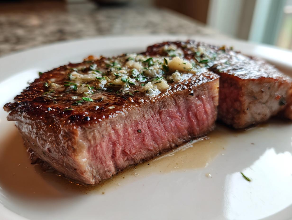 Close-up of a thick, medium-rare ribeye steak, sliced to show the pink interior and topped with garlic butter and herbs.