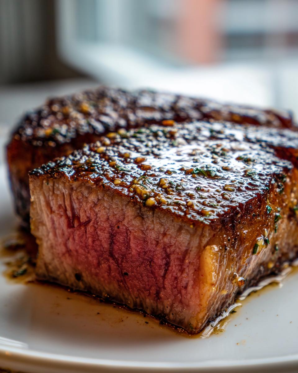 Close-up of a thick-cut, medium-rare ribeye steak slice showing a juicy pink center and a glistening herb crust.