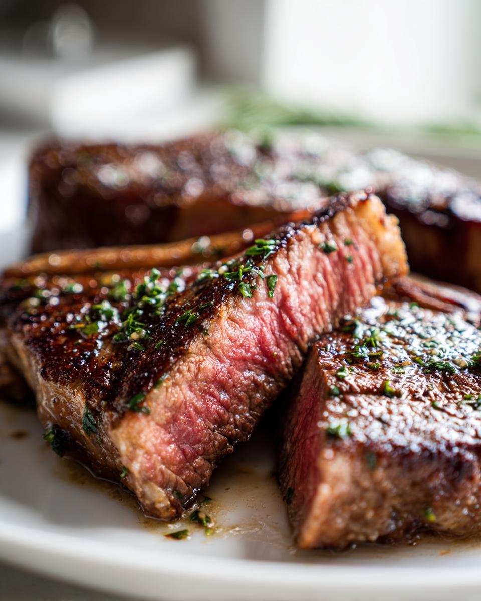 Close-up of a medium-rare ribeye steak, sliced to show the pink center and herb butter crust.