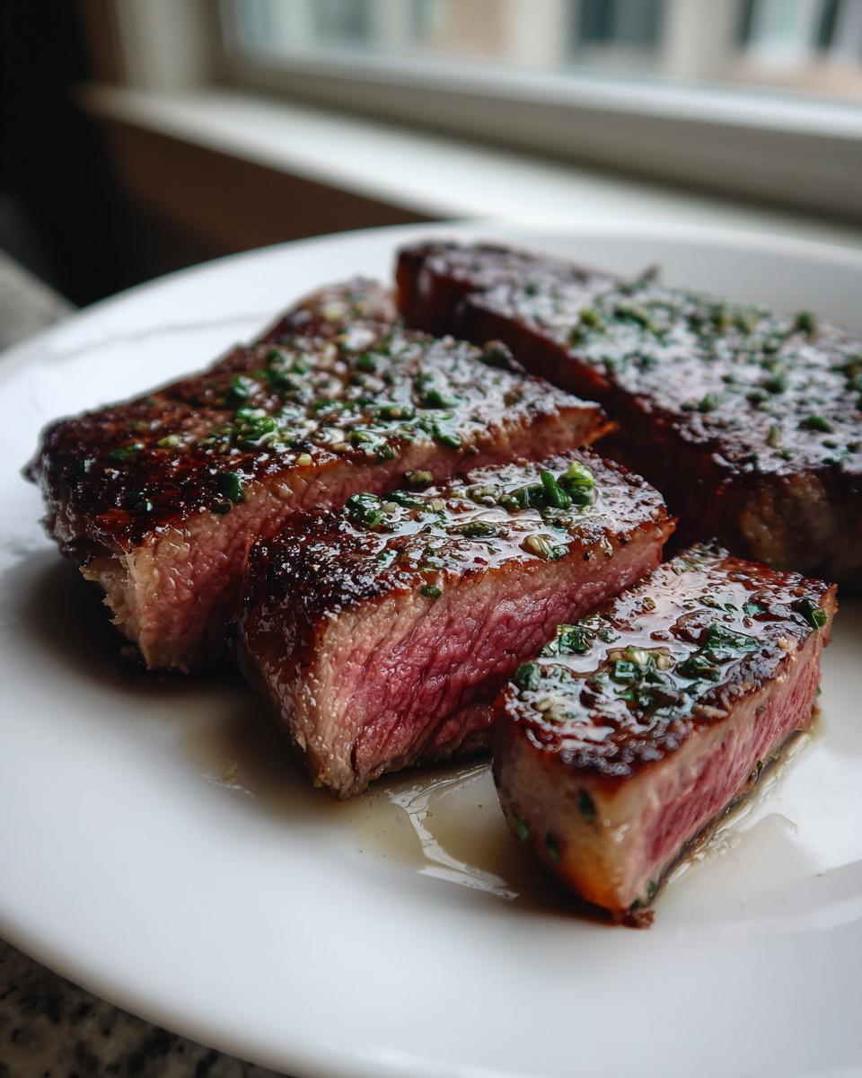 Close-up of perfectly cooked, medium-rare ribeye steak, sliced and topped with garlic butter and chives.