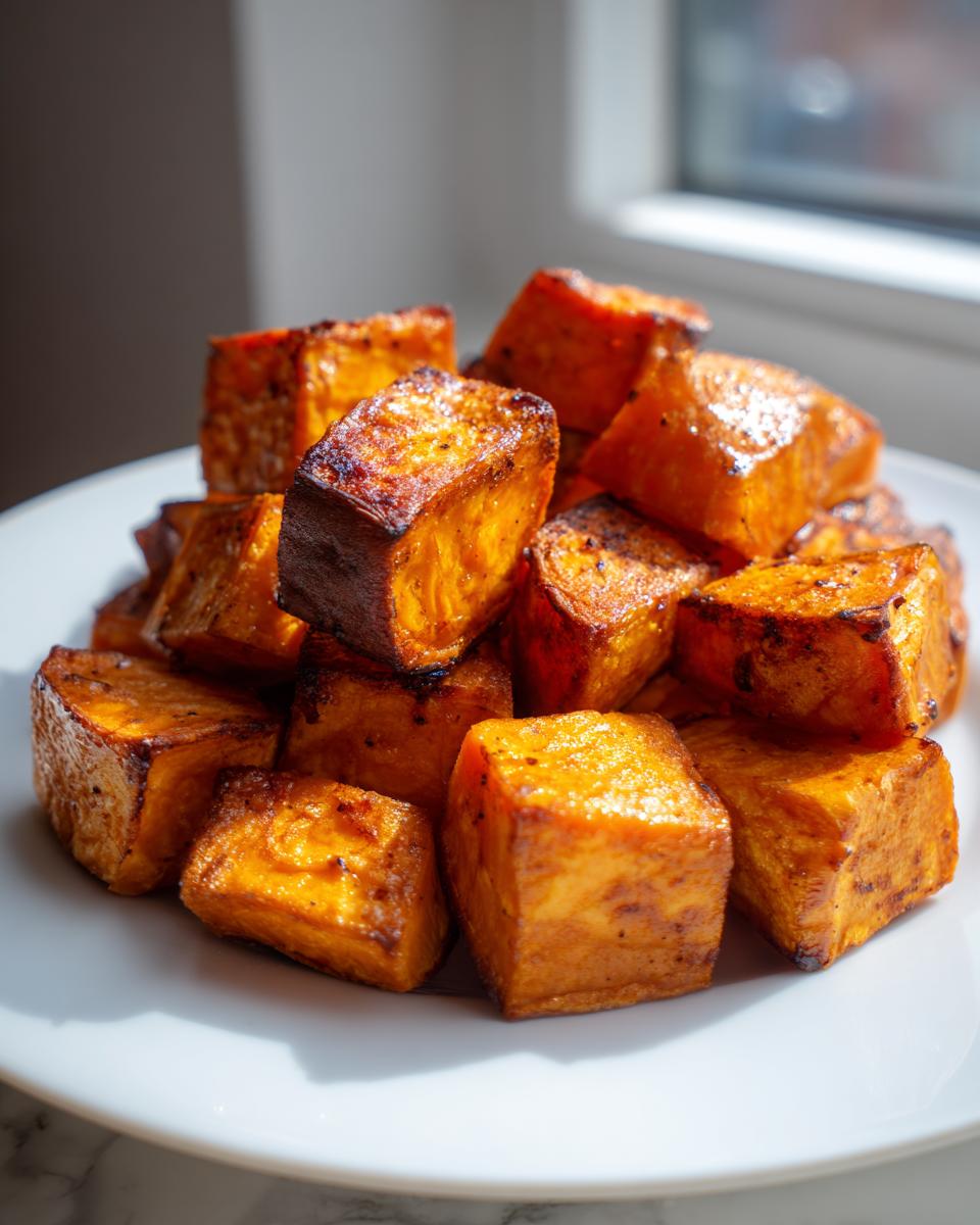 A pile of perfectly caramelized and slightly charred roasted sweet potatoes cubes on a white plate.