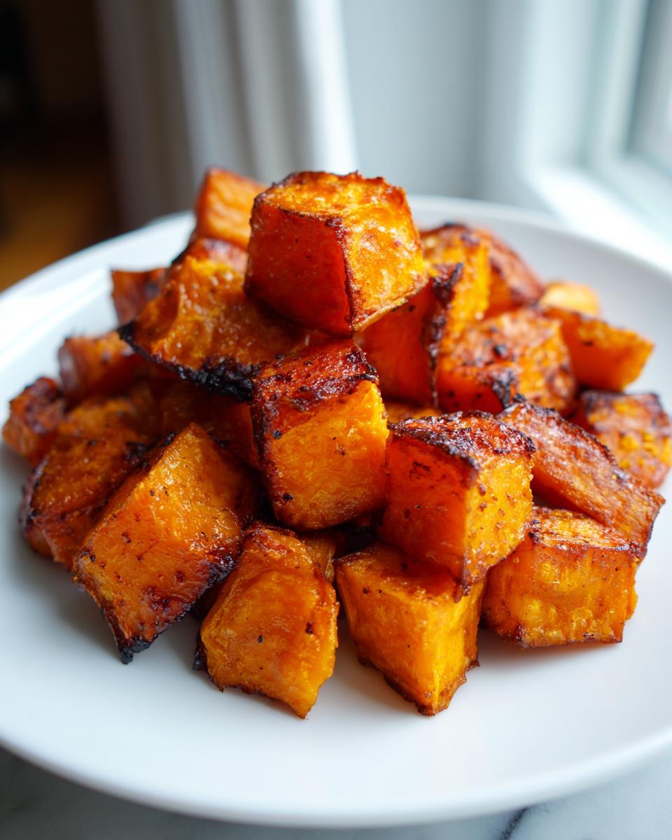 Close-up of perfectly caramelized, cubed roasted sweet potatoes piled on a white plate.