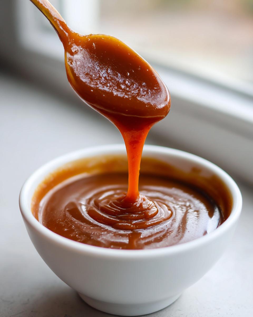A spoonful of thick, rich date caramel is dripping back into a white bowl, showing its smooth texture.