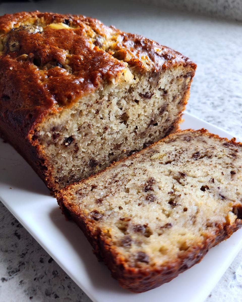 Close-up of a freshly baked protein banana bread loaf, sliced to show chocolate chips throughout the moist crumb.