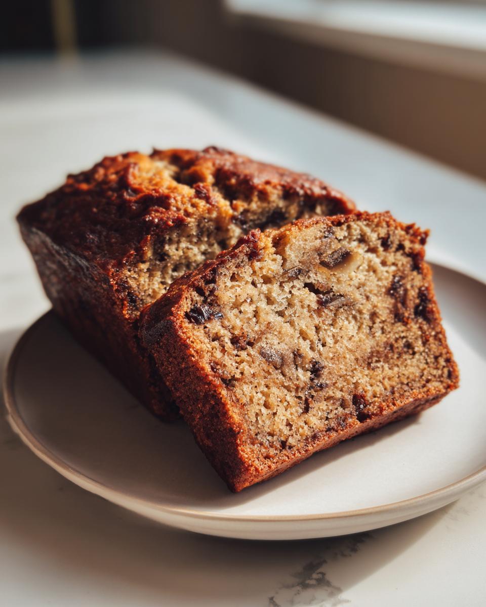 A close-up of two slices of moist protein banana bread resting on a light-colored plate.