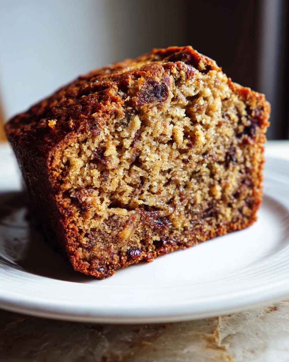 Close-up of a thick slice of moist protein banana bread showing its dense, textured crumb and dark inclusions.