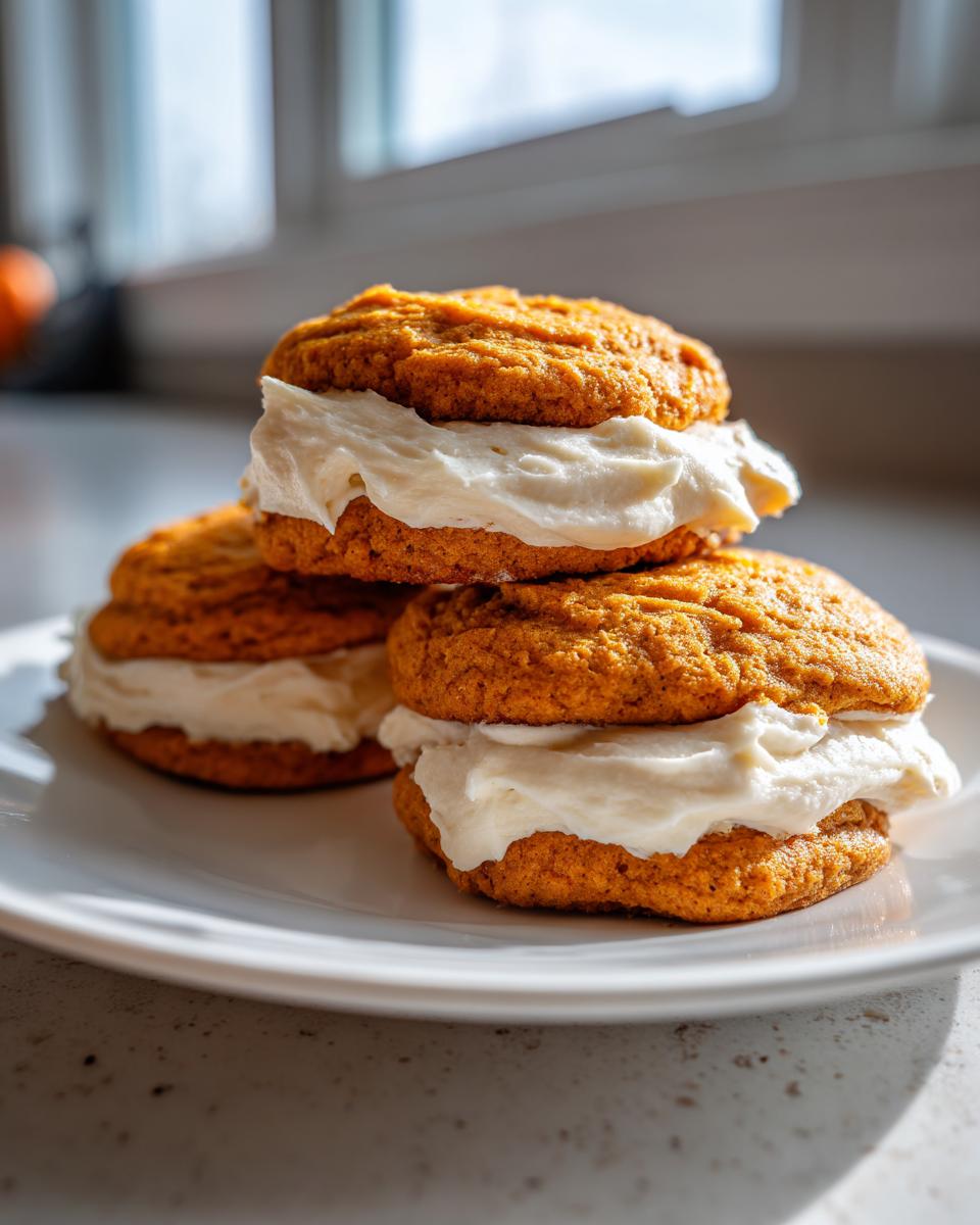 Three soft pumpkin cookie sandwiches stacked on a white plate, filled with thick cream cheese frosting.