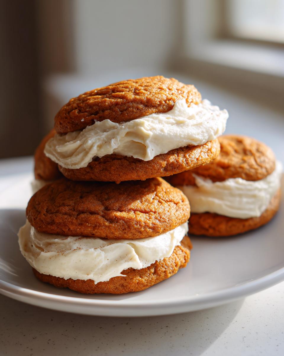 Three delicious pumpkin cookie sandwiches stacked on a white plate, filled with thick cream cheese frosting.