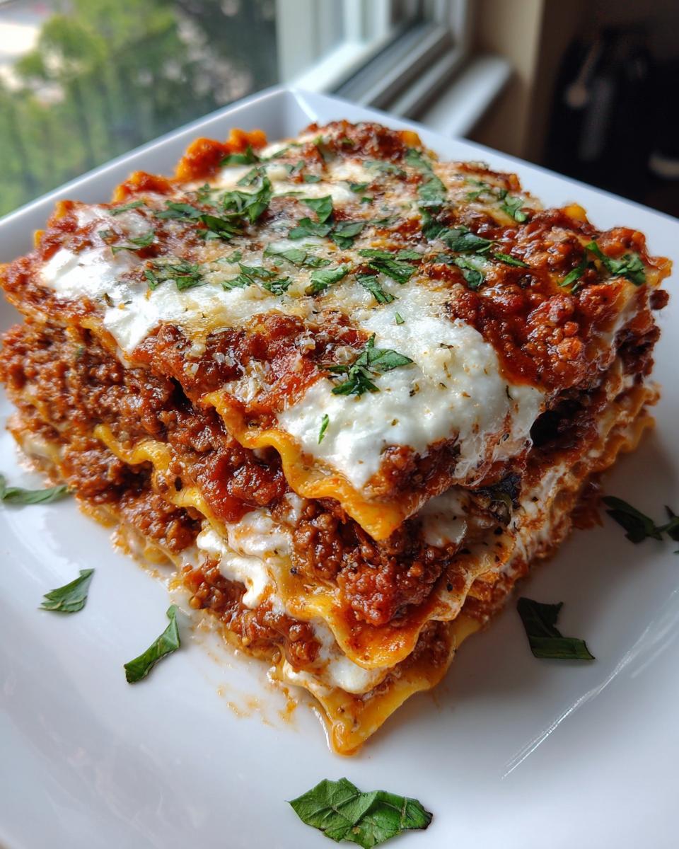 A generous square serving of rich ravioli lasagna with meat sauce and melted cheese on a white plate.