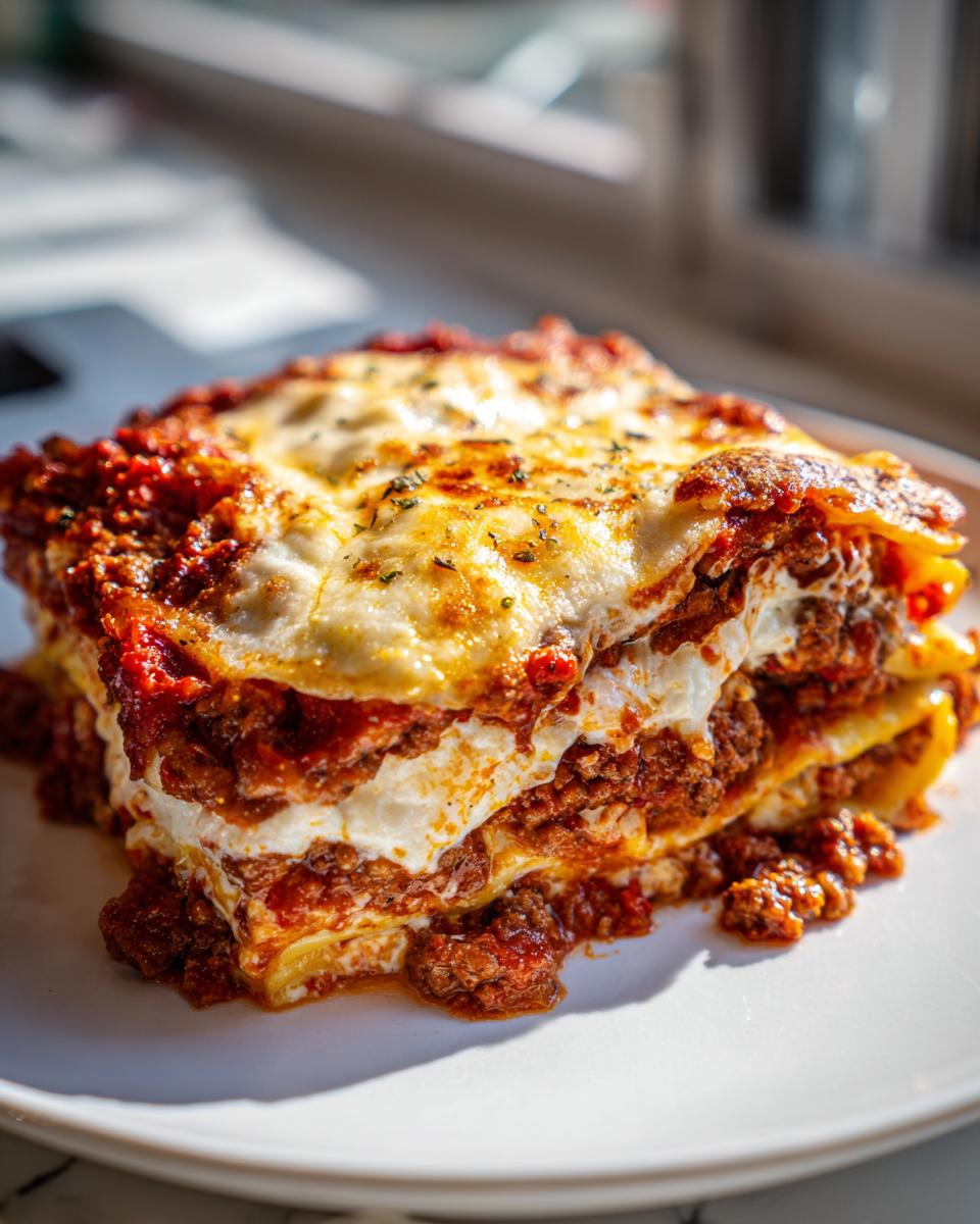 A thick, cheesy slice of ravioli lasagna with rich meat sauce and melted cheese topping.