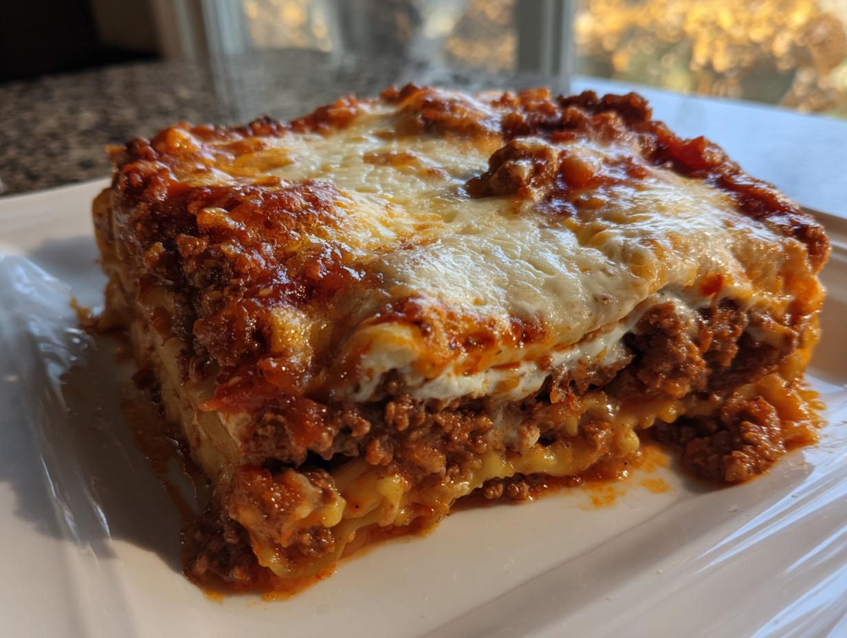A thick, cheesy slice of ravioli lasagna with rich meat sauce, served on a white plate.