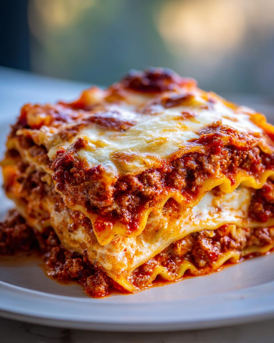 Close-up of a thick, layered slice of ravioli lasagna covered in rich meat sauce and melted cheese.