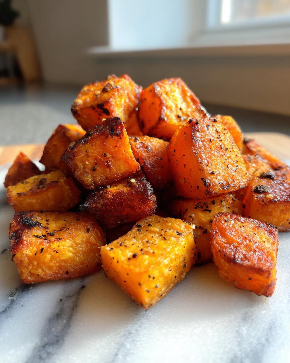 A pile of perfectly roasted, caramelized sweet potatoes cubes seasoned with pepper.