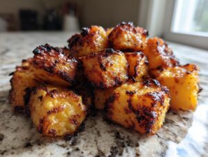 Close-up of caramelized and slightly charred roasted sweet potatoes cubes.