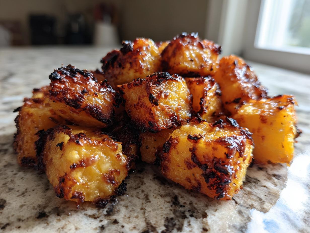 Close-up of caramelized and slightly charred roasted sweet potatoes cubes.
