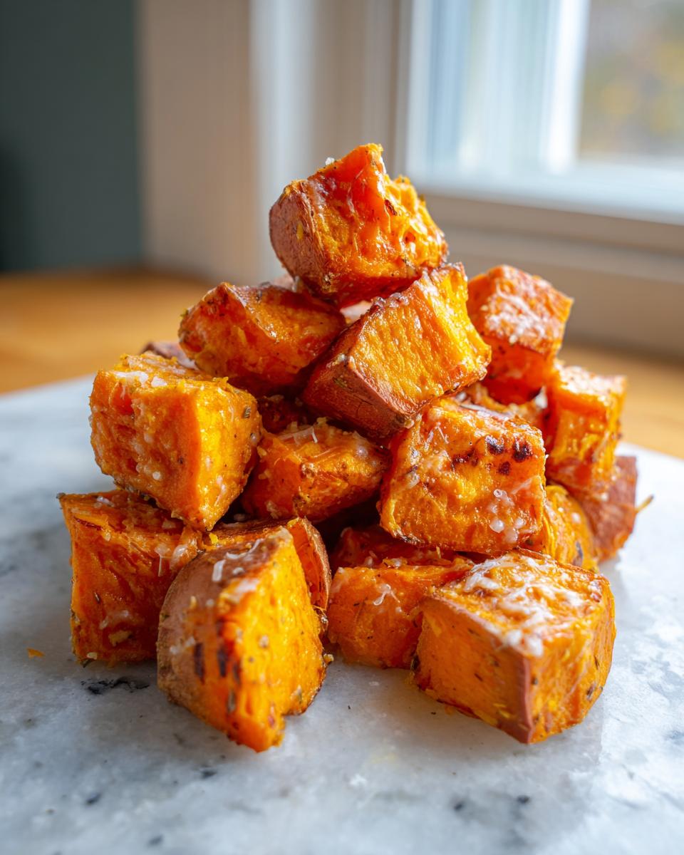 A pile of roasted, savory sweet potatoes cubes seasoned with salt and herbs on a marble surface.