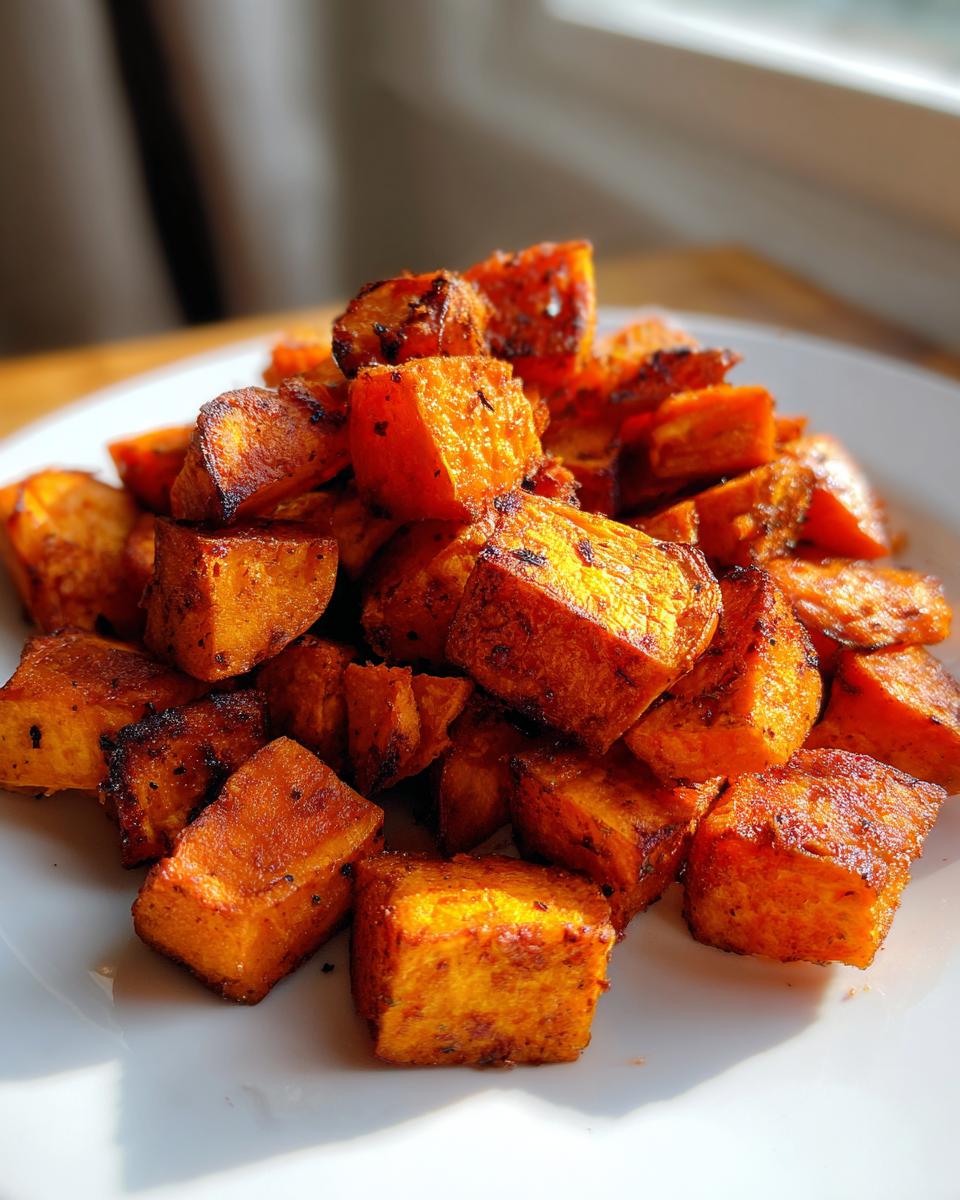 Close-up of perfectly seasoned and caramelized roasted sweet potatoes cubes piled on a white plate.