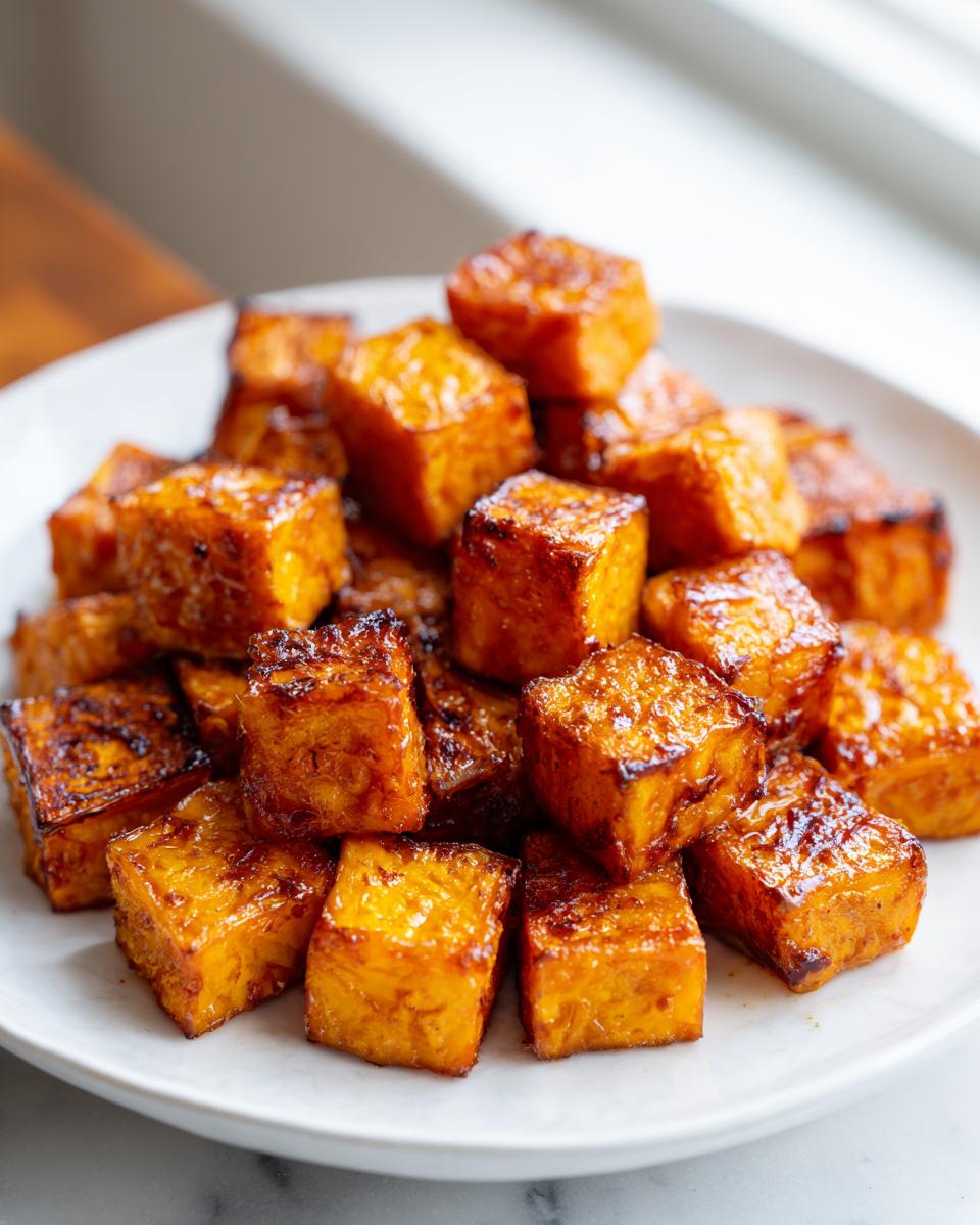 A pile of perfectly caramelized, cubed roasted sweet potatoes stacked on a white plate.