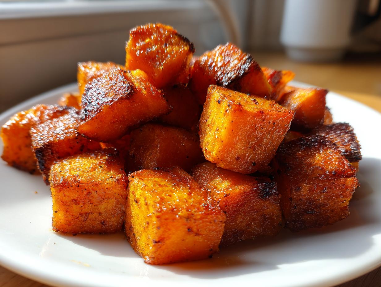 Close-up of caramelized, perfectly roasted sweet potatoes cubes piled on a white plate.