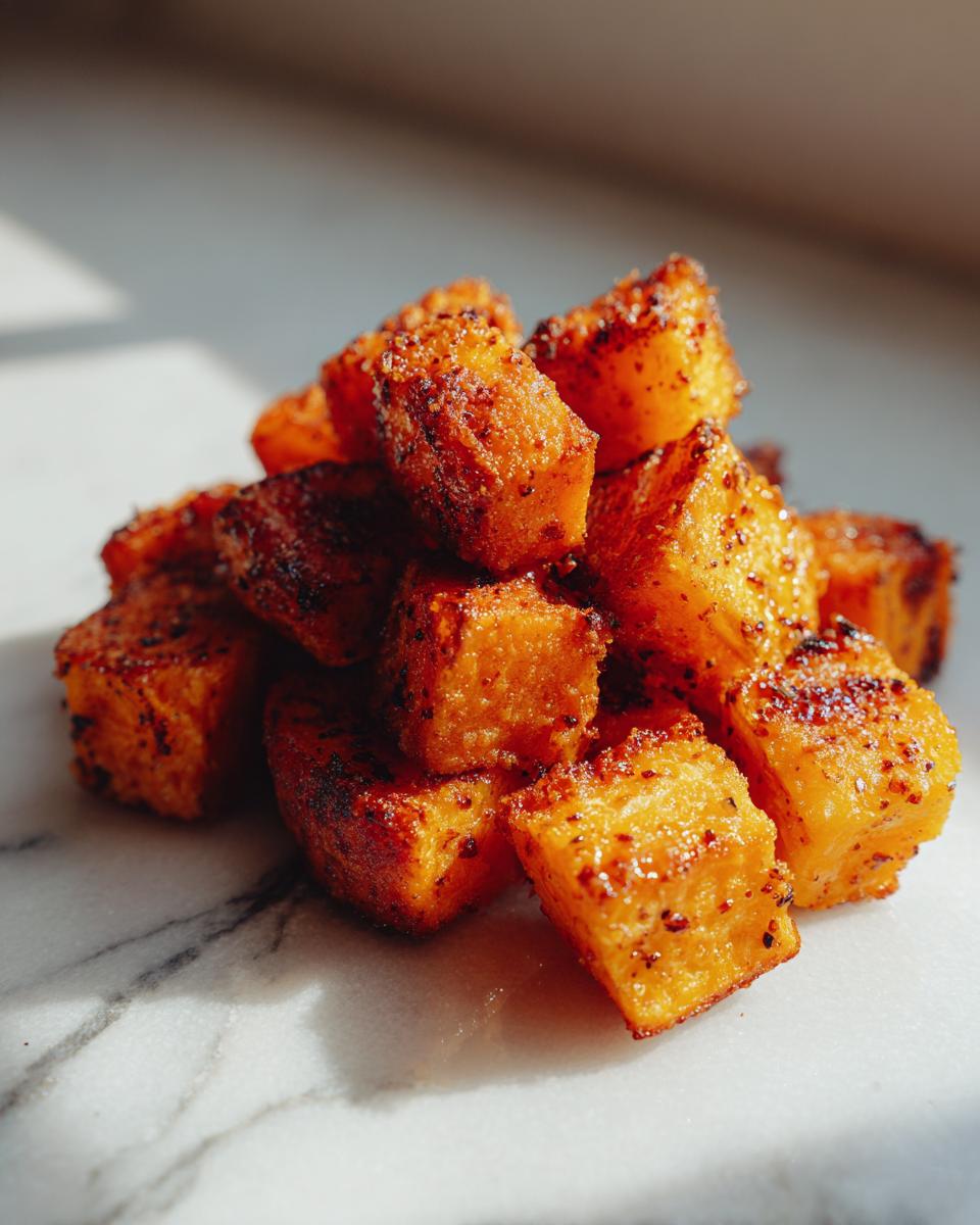 A pile of beautifully caramelized, cubed sweet potatoes seasoned with spices, resting on a white marble surface.