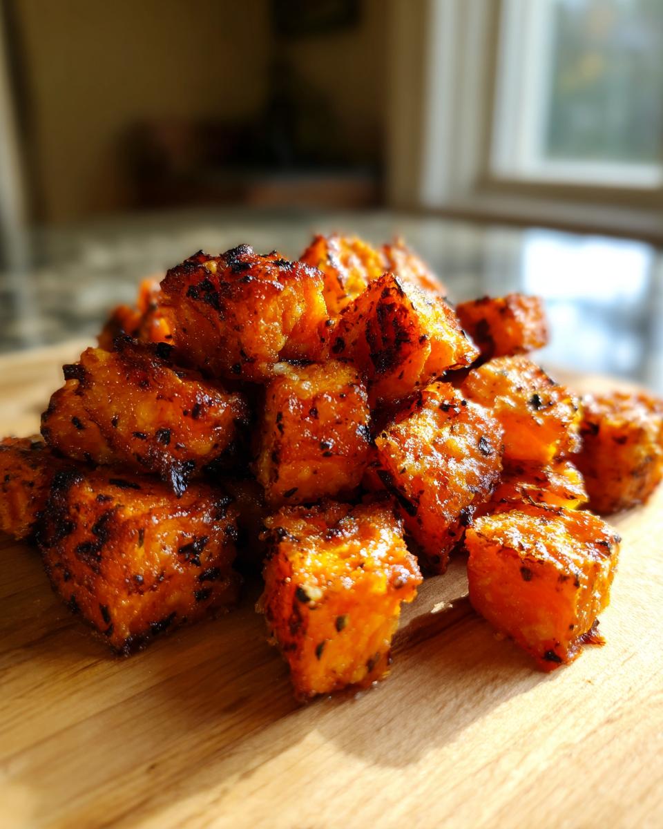 Close-up of caramelized, roasted cubes of savory sweet potatoes piled on a wooden cutting board.