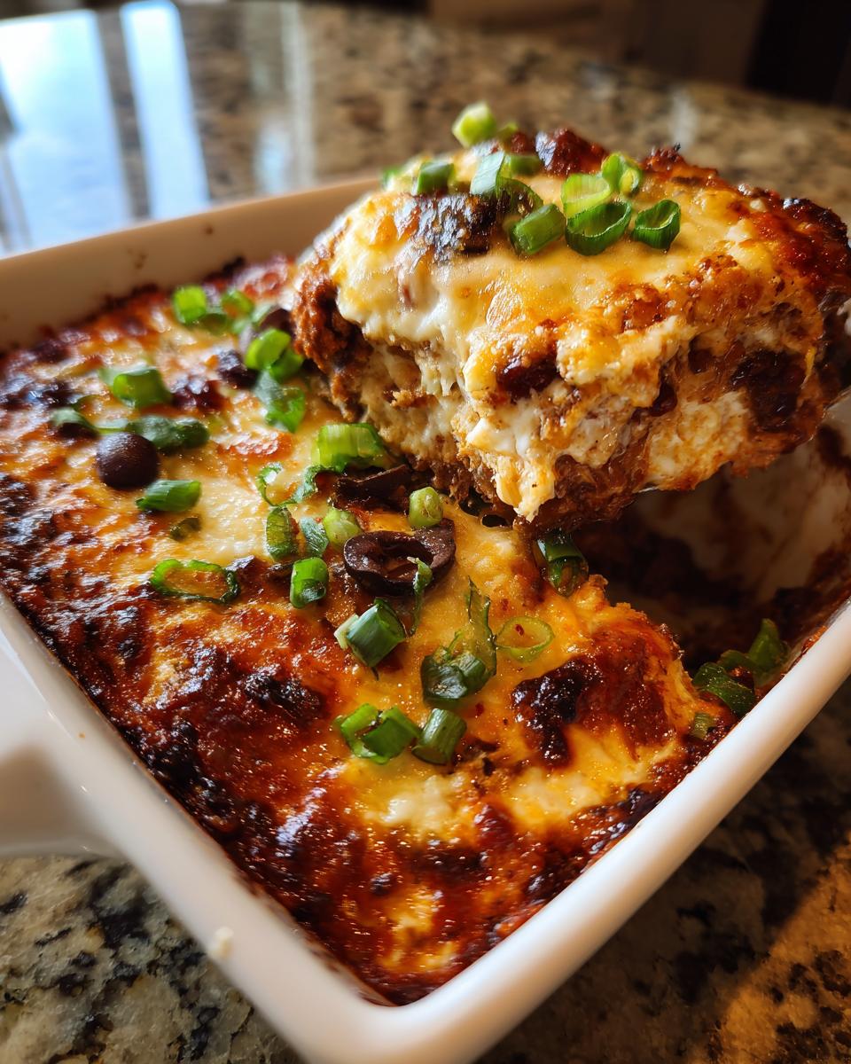 A scoop of hot, cheesy texas trash dip being lifted from a white baking dish, topped with green onions.