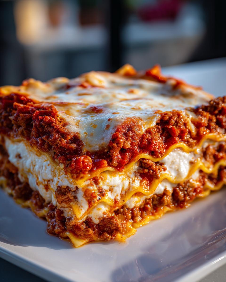 A thick, layered slice of ravioli lasagna featuring rich meat sauce and melted cheese.