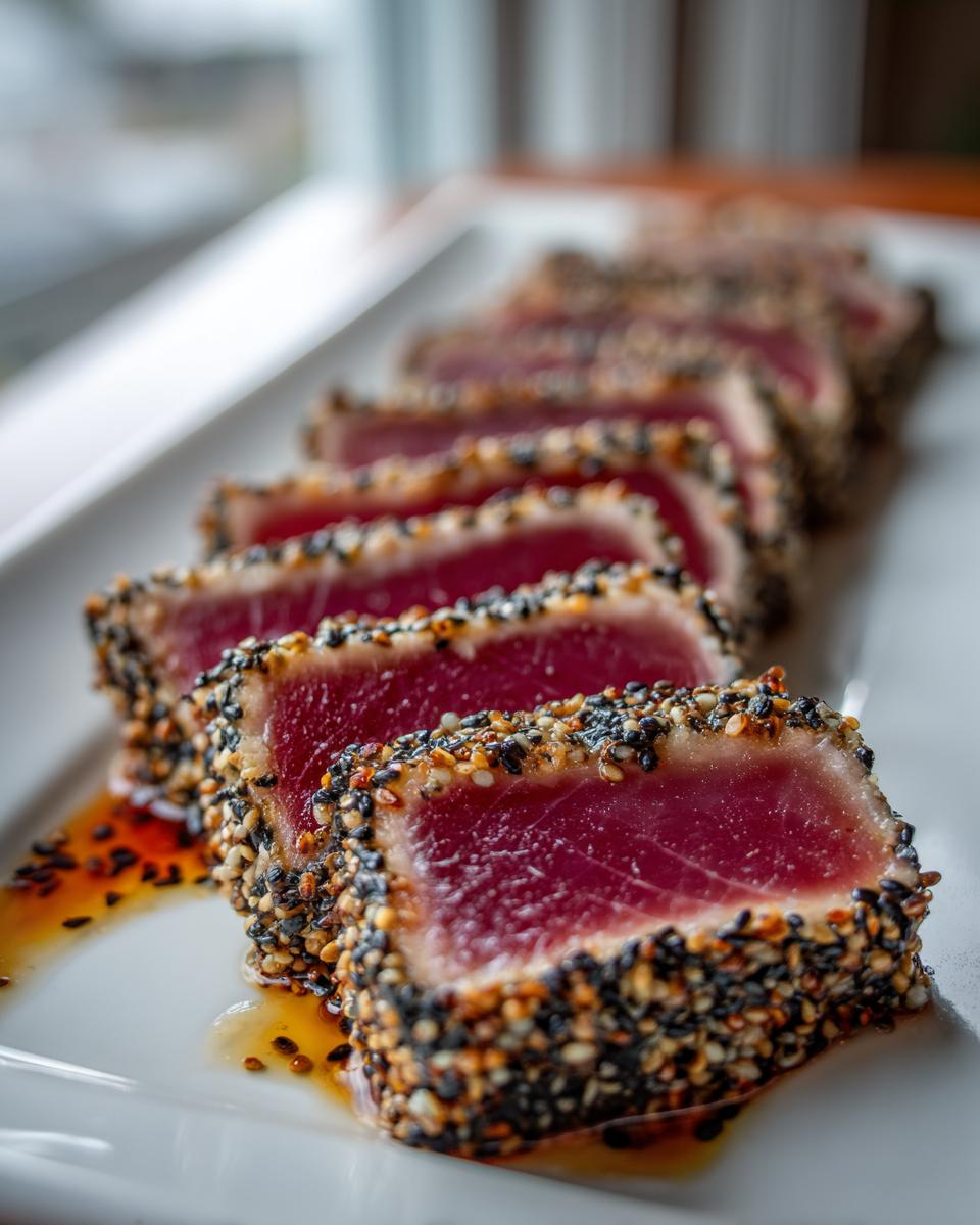 Close-up of perfectly seared sesame-crusted tuna tataki slices arranged on a white platter with sauce.