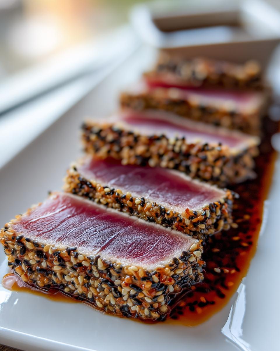 Close-up of perfectly seared tuna tataki slices crusted with sesame seeds, resting in a savory sauce.