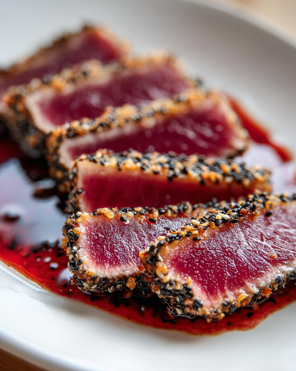 Close-up of perfectly seared tuna tataki slices coated in black and white sesame seeds, resting in a dark red sauce.