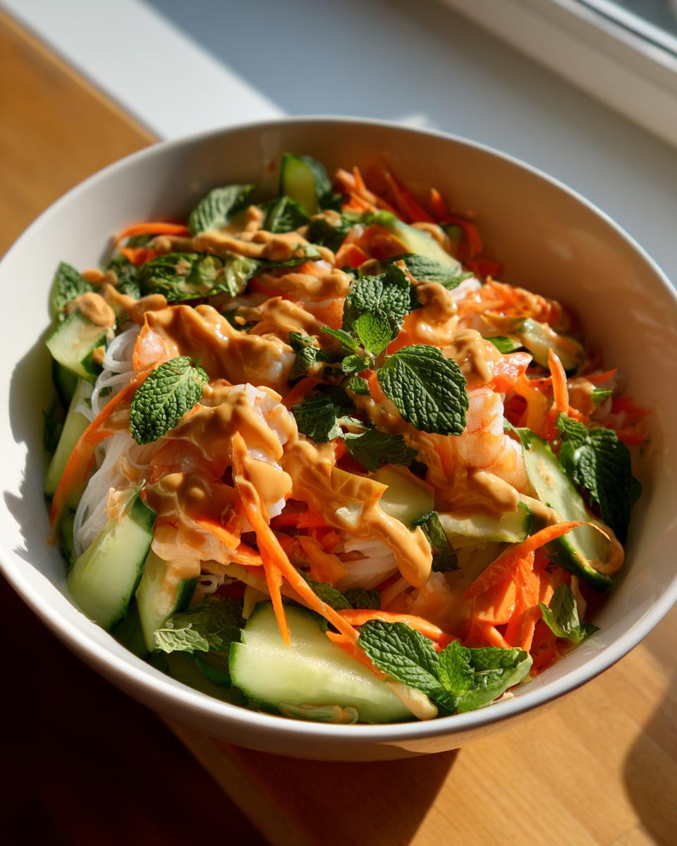 Close-up of a bowl of spring roll salad featuring shrimp, shredded carrots, cucumber, mint, and peanut sauce.