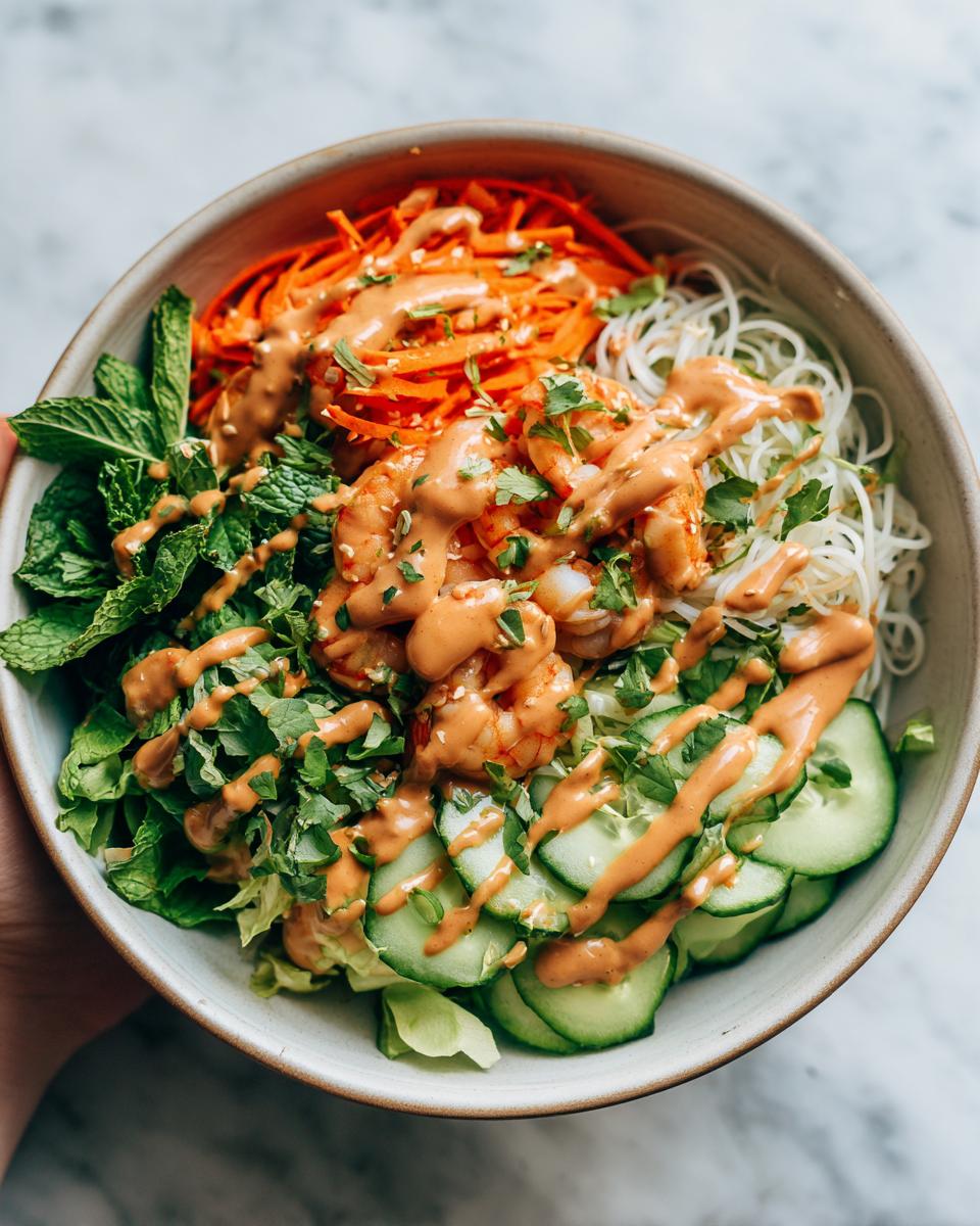 Close-up of a vibrant spring roll salad bowl featuring shrimp, rice noodles, cucumbers, carrots, and peanut sauce.