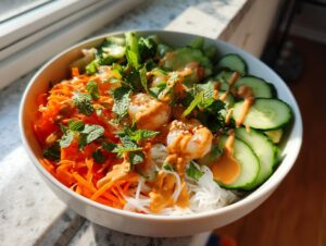 Close-up of a delicious spring roll salad bowl featuring shrimp, rice noodles, shredded carrots, cucumbers, and peanut sauce.