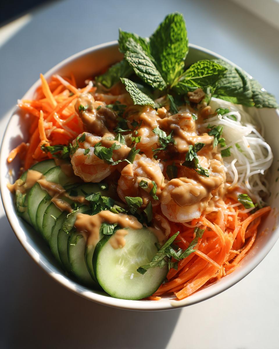 Close-up of a vibrant spring roll salad bowl featuring shrimp, rice noodles, shredded carrots, cucumber, and peanut sauce.