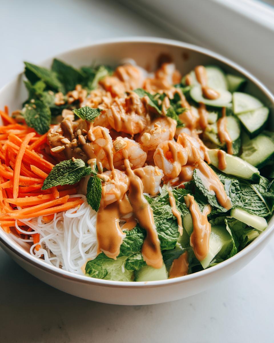 Close-up of a vibrant spring roll salad bowl featuring shrimp, rice noodles, carrots, cucumber, mint, and peanut sauce.