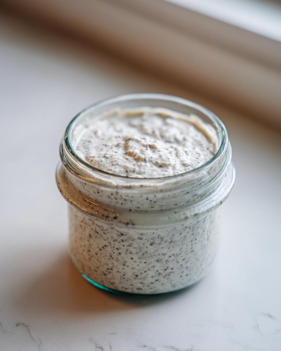 Close-up of creamy, speckled chia pudding prepared in a small glass jar.