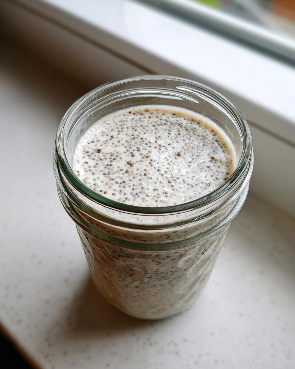 Overhead view of simple chia pudding made with chia seeds and milk in a glass jar.