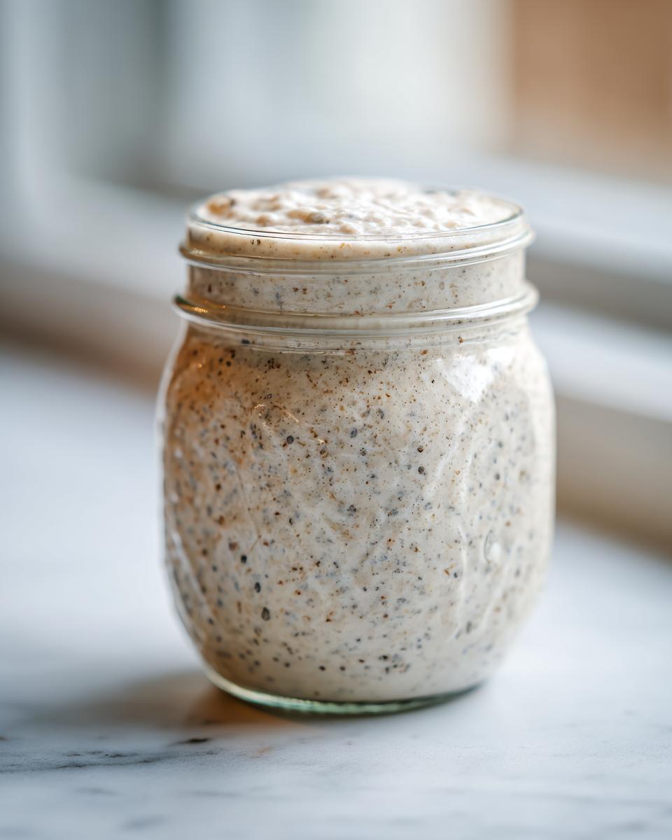 Close-up of creamy, speckled chia pudding prepared in a small glass mason jar.