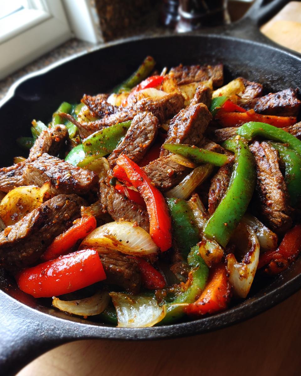 Close-up of sizzling steak fajita strips mixed with sautéed red peppers, green peppers, and onions in a black cast iron skillet.