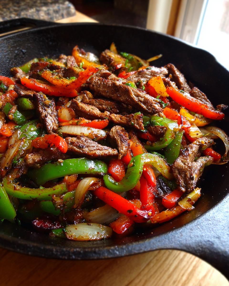 Close-up of sizzling steak fajita strips mixed with colorful bell peppers and onions in a black cast iron skillet.