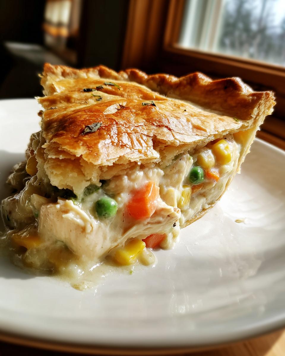 A close-up slice of creamy chicken pot pie recipe showing flaky crust, chicken, peas, carrots, and corn.
