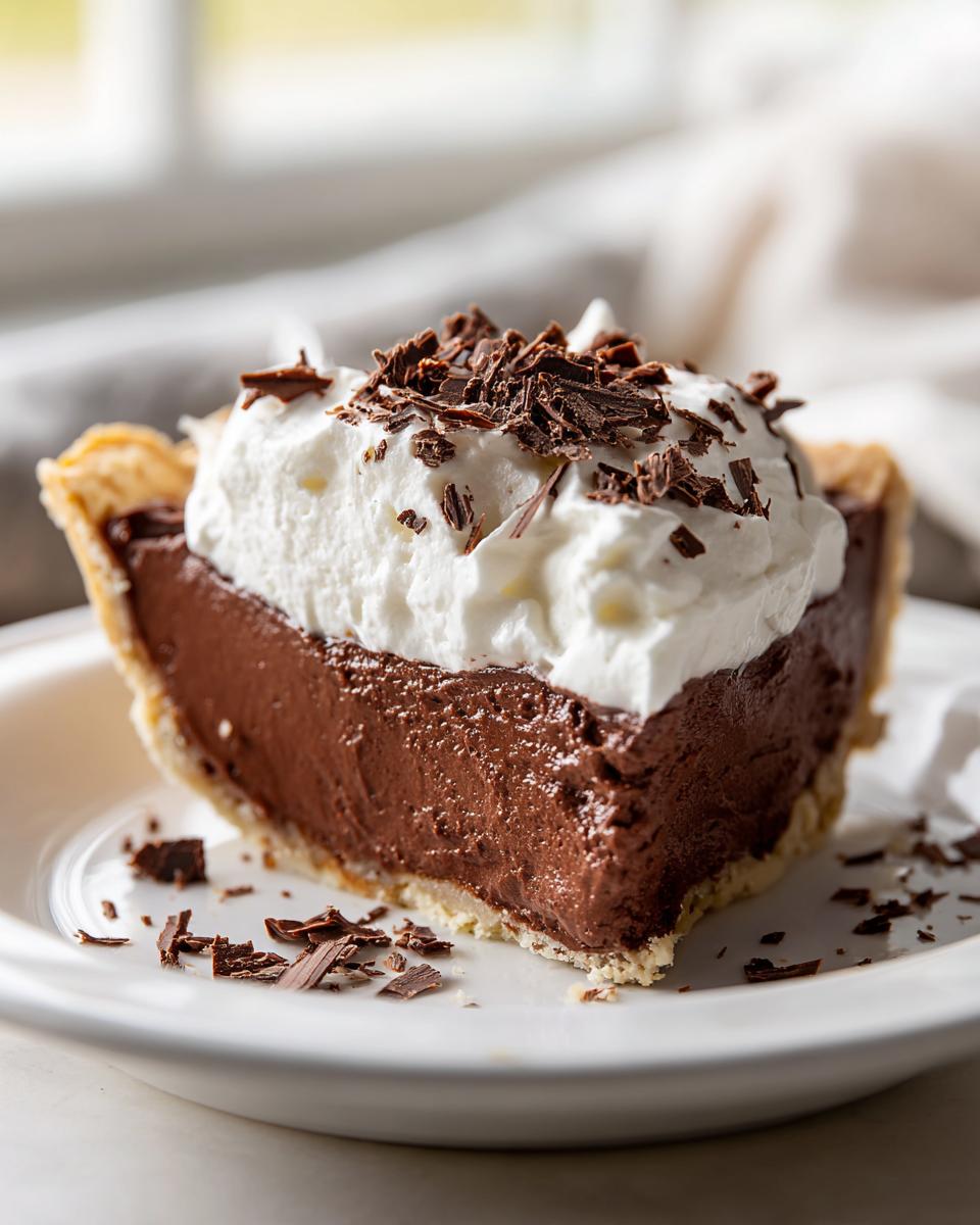 A decadent slice of chocolate cream pie featuring a thick chocolate filling, topped with whipped cream and chocolate shavings.