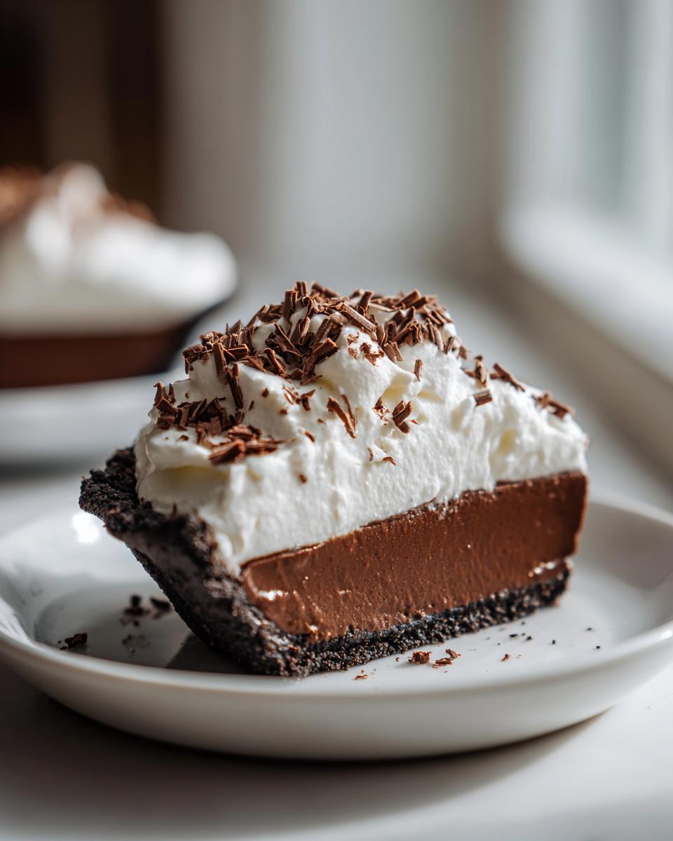 A close-up of a rich slice of chocolate cream pie with a dark crust, thick filling, and whipped cream topped with chocolate shavings.