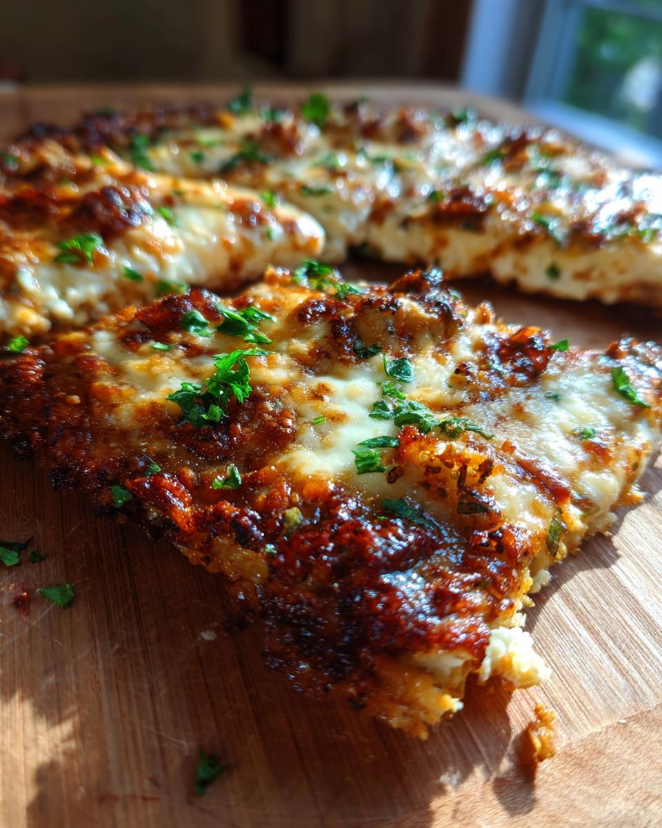 Close-up of a slice of baked cottage cheese pizza crust topped with browned cheese and fresh parsley.