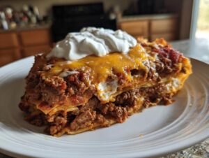 A hearty slice of layered taco pie topped with melted cheese and a dollop of sour cream.